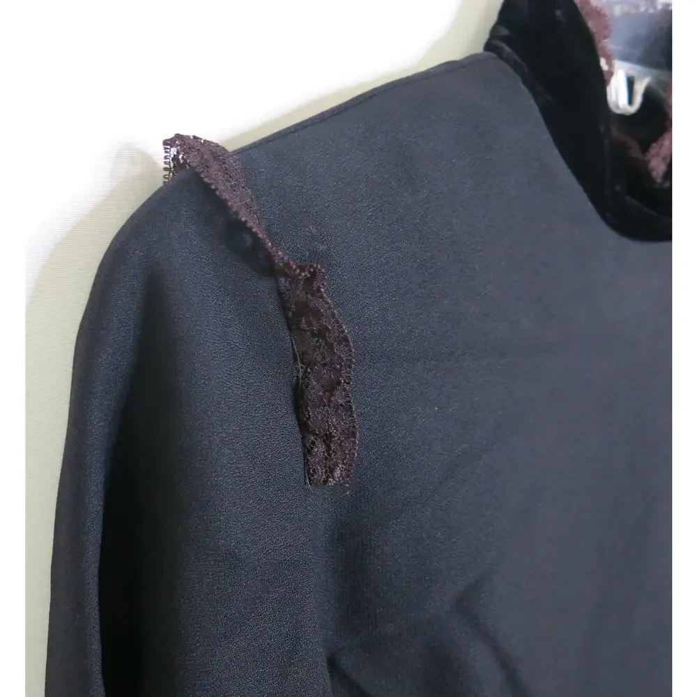 Vintage Black Dress 70s Velvet Lace Size M** Women  Knee Length Party Cocktail